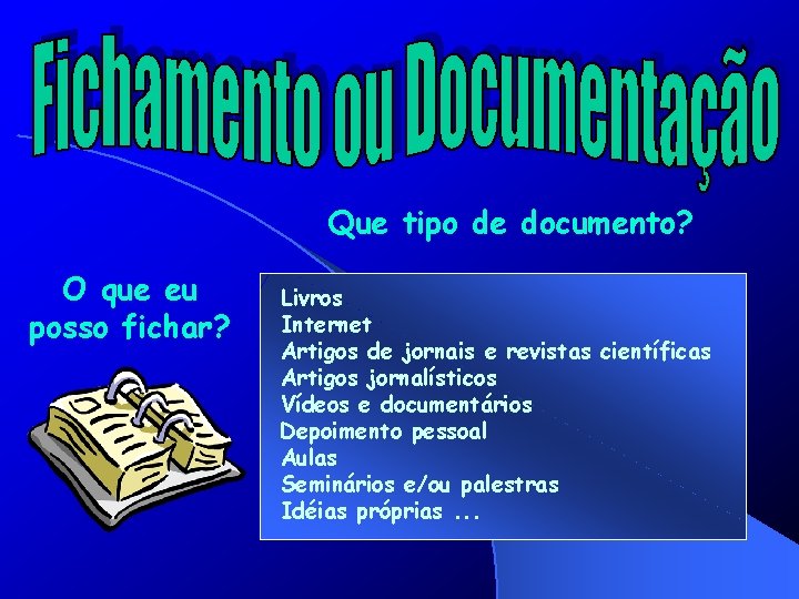 Que tipo de documento? O que eu posso fichar? Livros Internet Artigos de jornais