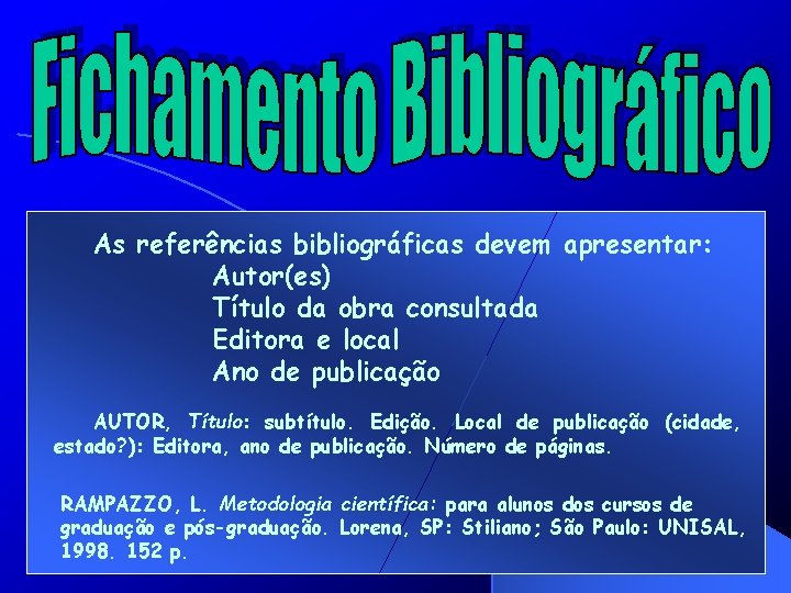 As referências bibliográficas devem apresentar: Autor(es) Título da obra consultada Editora e local Ano