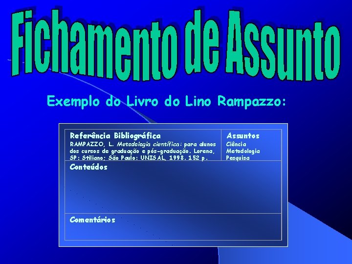 Exemplo do Livro do Lino Rampazzo: Referência Bibliográfica RAMPAZZO, L. Metodologia científica: para alunos