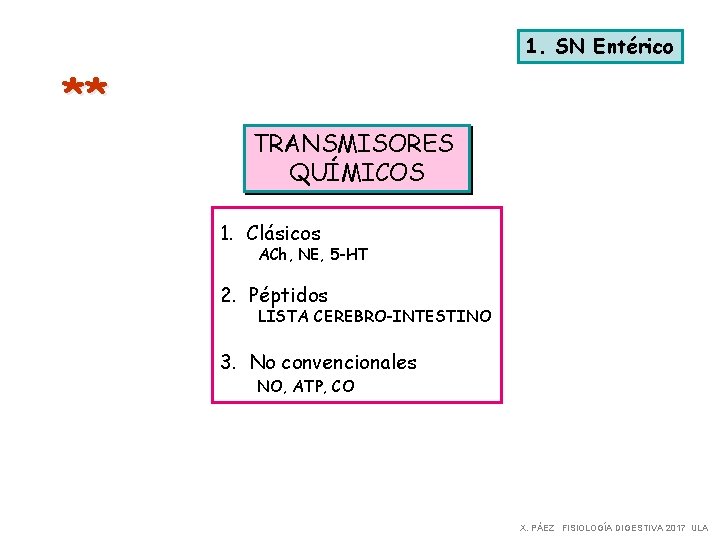 1. SN Entérico ** TRANSMISORES QUÍMICOS 1. Clásicos ACh, NE, 5 -HT 2. Péptidos