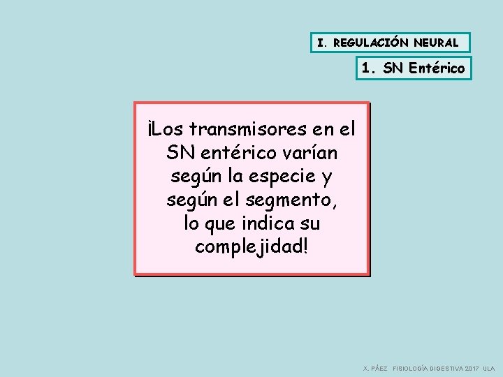 I. REGULACIÓN NEURAL 1. SN Entérico ¡Los transmisores en el SN entérico varían según