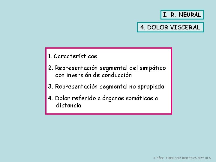 I. R. NEURAL 4. DOLOR VISCERAL 1. Características 2. Representación segmental del simpático con