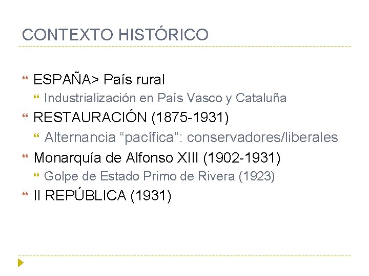 CONTEXTO HISTÓRICO ESPAÑA> País rural RESTAURACIÓN (1875 -1931) Alternancia “pacífica”: conservadores/liberales Monarquía de Alfonso