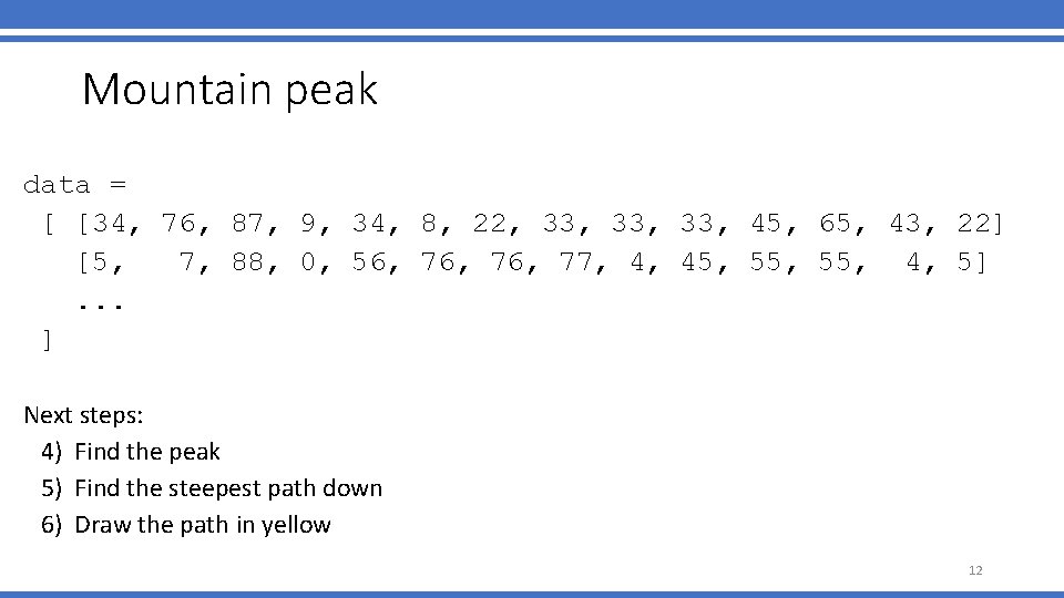 Mountain peak data = [ [34, 76, 87, 9, 34, 8, 22, 33, 33,