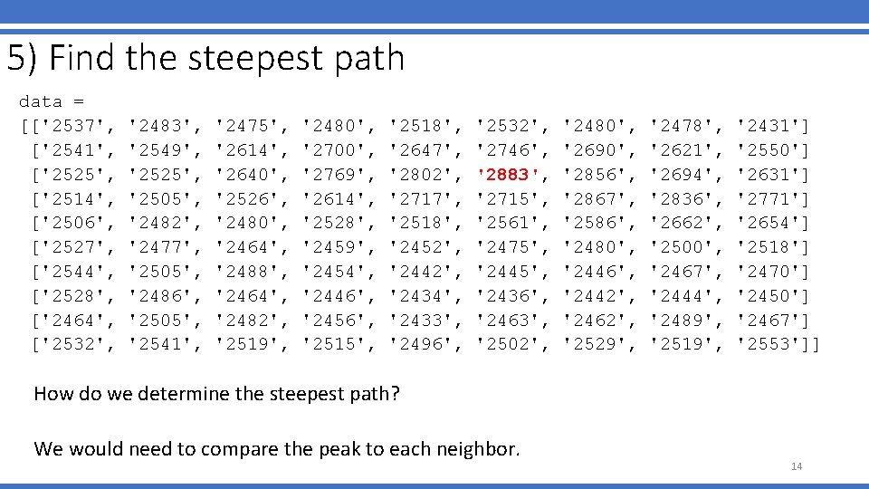 5) Find the steepest path data = [['2537', ['2541', ['2525', ['2514', ['2506', ['2527', ['2544',