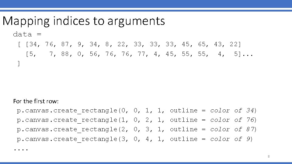 Mapping indices to arguments data = [ [34, 76, 87, 9, 34, 8, 22,