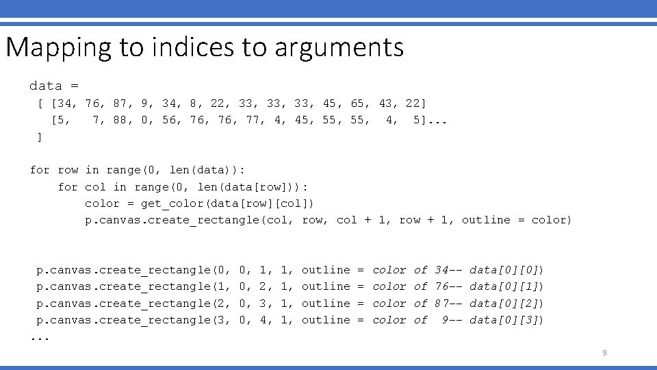 Mapping to indices to arguments data = [ [34, 76, 87, 9, 34, 8,