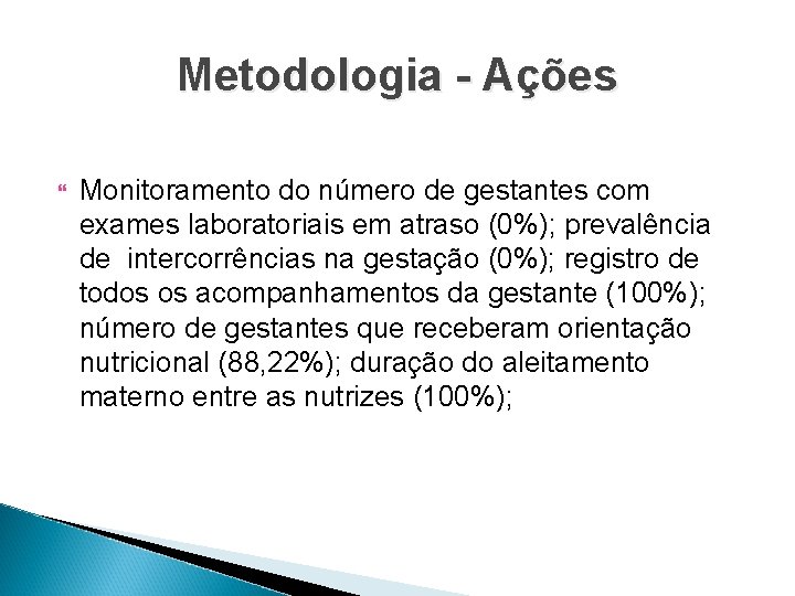 Metodologia - Ações Monitoramento do número de gestantes com exames laboratoriais em atraso (0%);