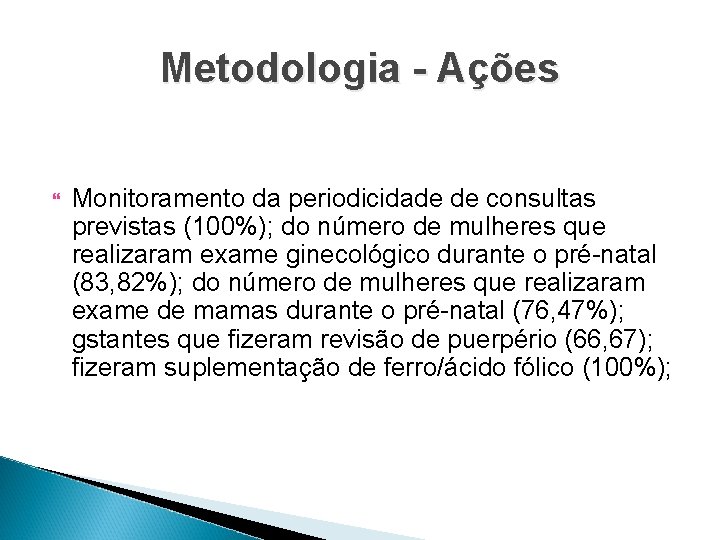 Metodologia - Ações Monitoramento da periodicidade de consultas previstas (100%); do número de mulheres