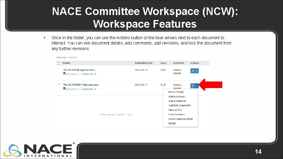 NACE Committee Workspace (NCW): Workspace Features § Once in the folder, you can use