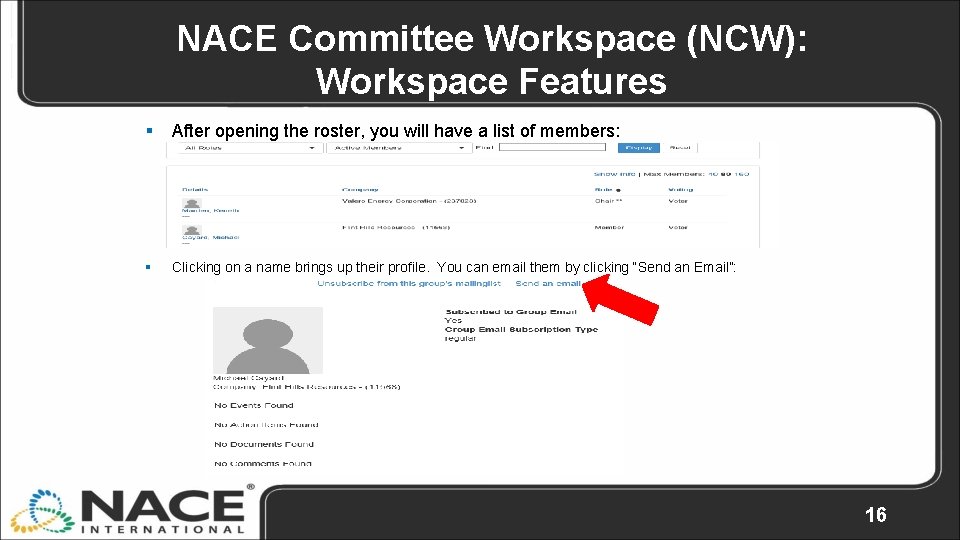 NACE Committee Workspace (NCW): Workspace Features § After opening the roster, you will have