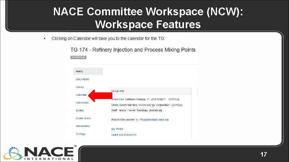 NACE Committee Workspace (NCW): Workspace Features § Clicking on Calendar will take you to