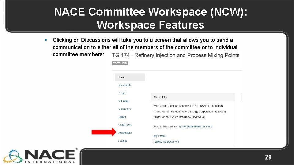 NACE Committee Workspace (NCW): Workspace Features § Clicking on Discussions will take you to