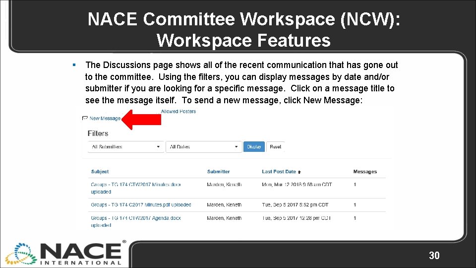 NACE Committee Workspace (NCW): Workspace Features § The Discussions page shows all of the