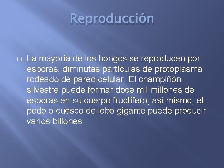Reproducción � La mayoría de los hongos se reproducen por esporas, diminutas partículas de