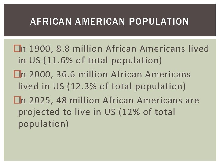 AFRICAN AMERICAN POPULATION �In 1900, 8. 8 million African Americans lived in US (11.