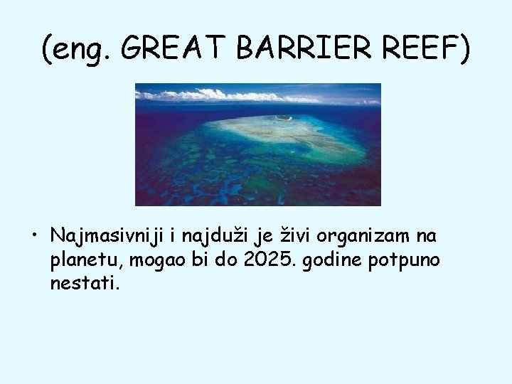 (eng. GREAT BARRIER REEF) • Najmasivniji i najduži je živi organizam na planetu, mogao