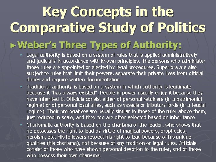 Key Concepts in the Comparative Study of Politics ► Weber’s Three Types of Authority: