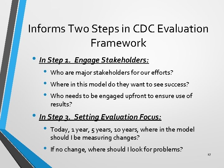 Informs Two Steps in CDC Evaluation Framework • In Step 1. Engage Stakeholders: •
