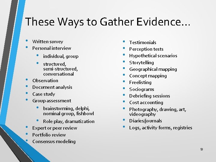 These Ways to Gather Evidence… • • • Written survey Personal interview • •