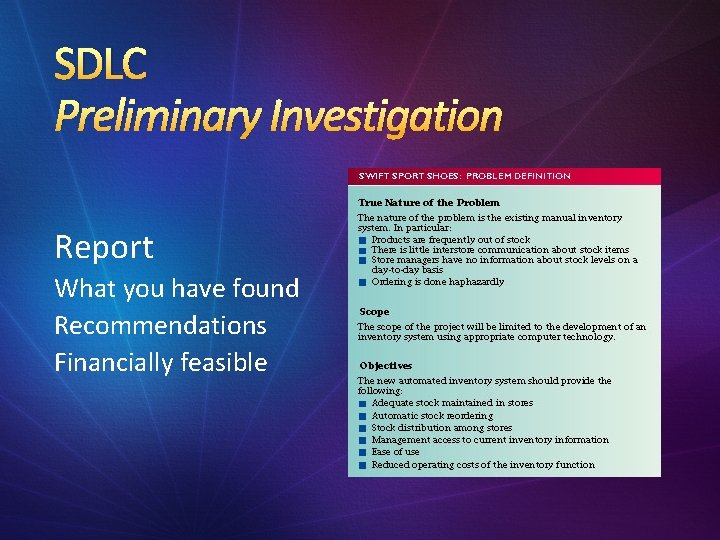 SDLC Preliminary Investigation Report What you have found Recommendations Financially feasible 