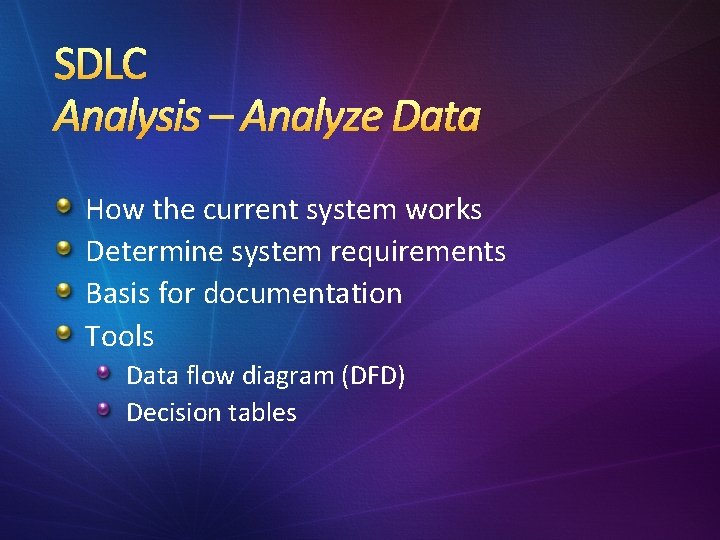 SDLC Analysis – Analyze Data How the current system works Determine system requirements Basis