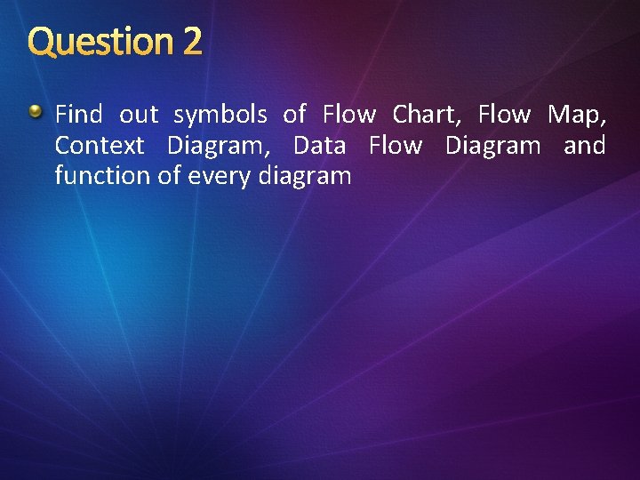 Question 2 Find out symbols of Flow Chart, Flow Map, Context Diagram, Data Flow