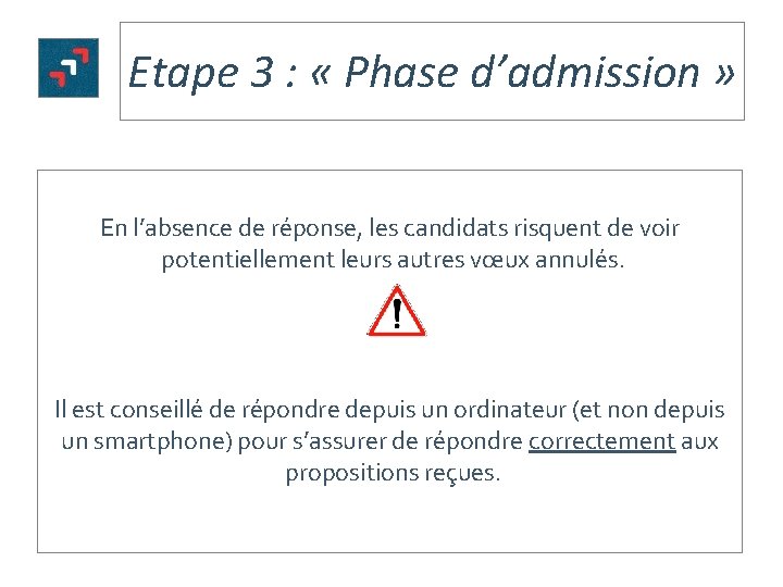 Etape 3 : « Phase d’admission » En l’absence de réponse, les candidats risquent