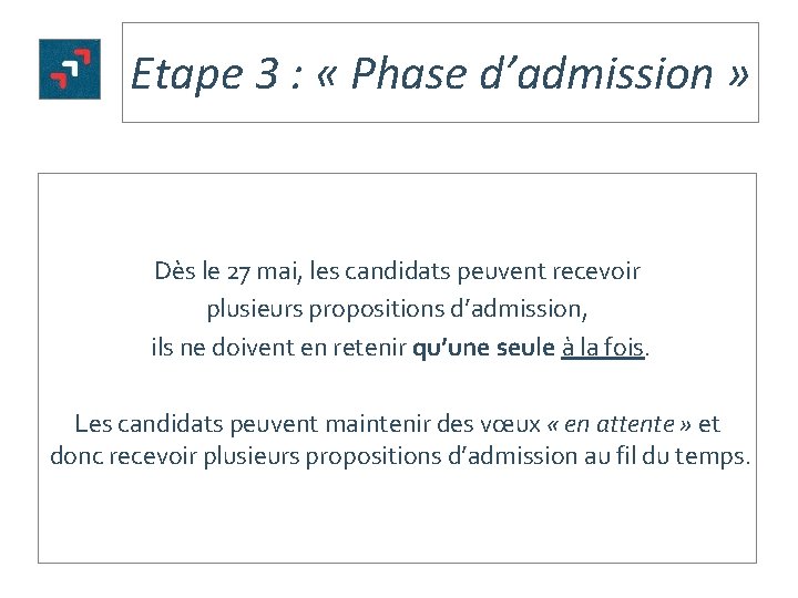 Etape 3 : « Phase d’admission » Dès le 27 mai, les candidats peuvent