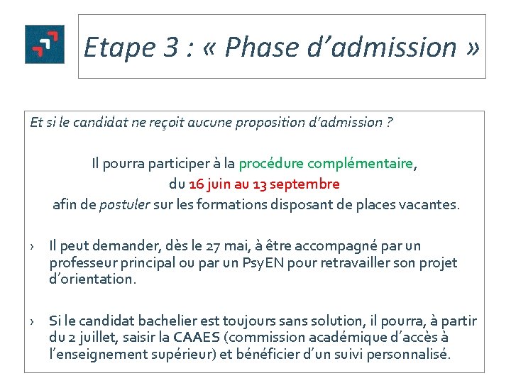 Etape 3 : « Phase d’admission » Et si le candidat ne reçoit aucune