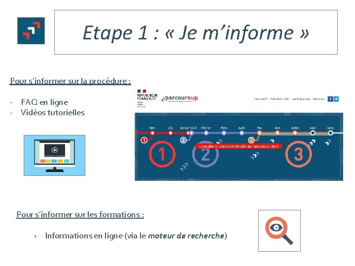 Etape 1 : « Je m’informe » Pour s’informer sur la procédure : -