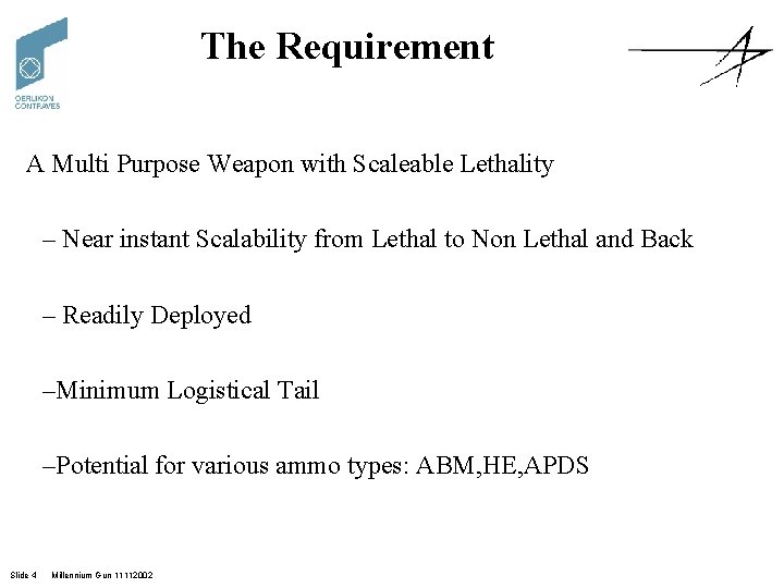 The Requirement A Multi Purpose Weapon with Scaleable Lethality – Near instant Scalability from