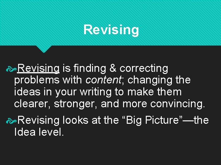 Revising is finding & correcting problems with content; changing the ideas in your writing