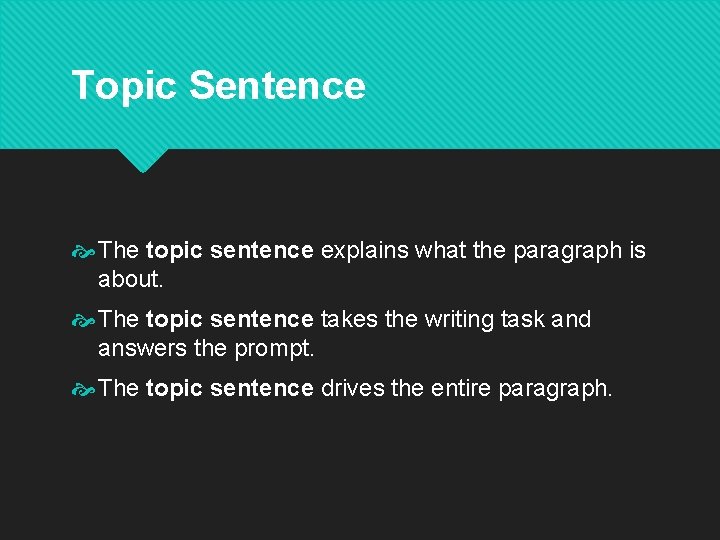 Topic Sentence The topic sentence explains what the paragraph is about. The topic sentence