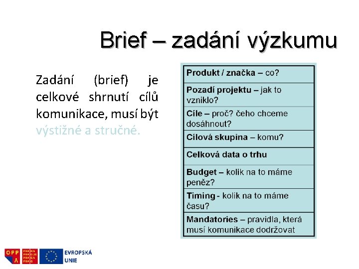 Brief – zadání výzkumu Zadání (brief) je celkové shrnutí cílů komunikace, musí být výstižné