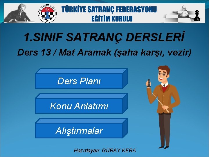 1. SINIF SATRANÇ DERSLERİ Ders 13 / Mat Aramak (şaha karşı, vezir) Ders Planı