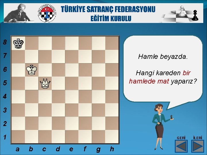 8 7 Hamle beyazda. 6 Hangi kareden bir hamlede mat yaparız? 5 4 3