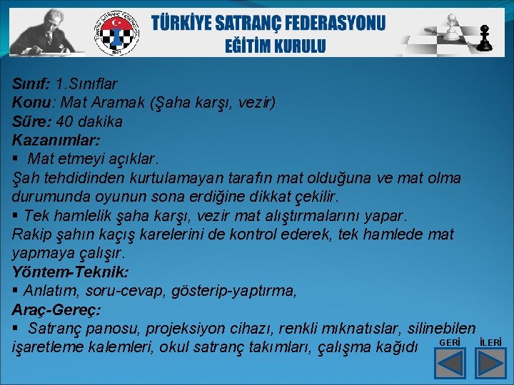 Sınıf: 1. Sınıflar Konu: Mat Aramak (Şaha karşı, vezir) Süre: 40 dakika Kazanımlar: §