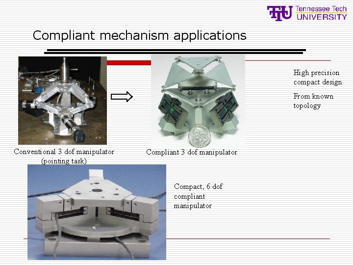 Compliant mechanism applications High precision compact design From known topology Conventional 3 dof manipulator Compliant mechanism applications High precision compact design From known topology Conventional 3 dof manipulator