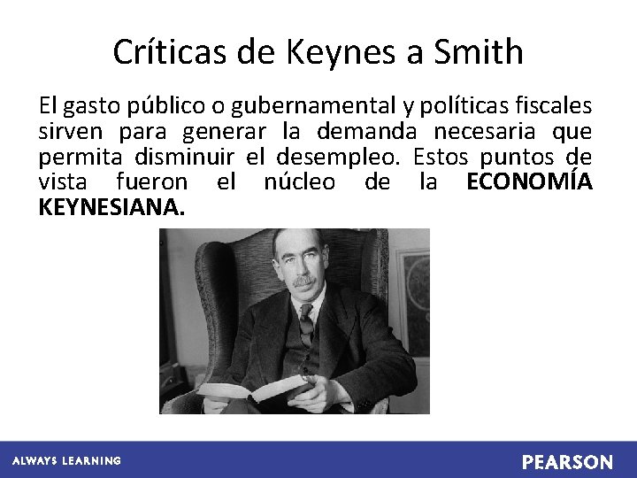 Críticas de Keynes a Smith El gasto público o gubernamental y políticas fiscales sirven