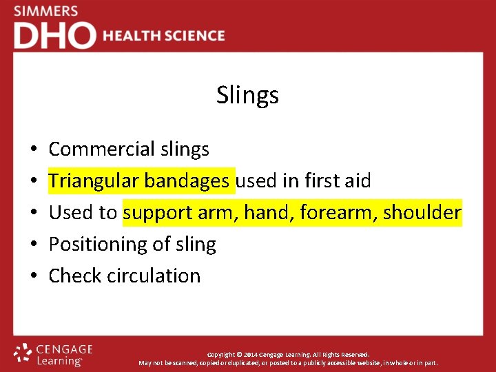 Slings • • • Commercial slings Triangular bandages used in first aid Used to