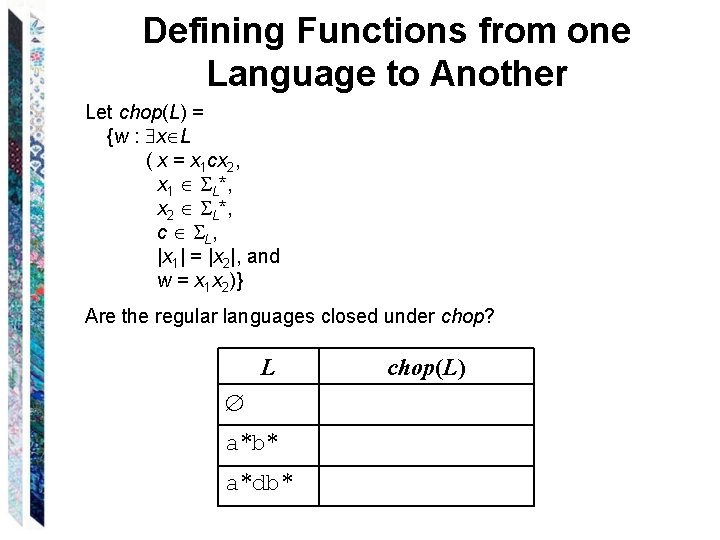 Defining Functions from one Language to Another Let chop(L) = {w : x L