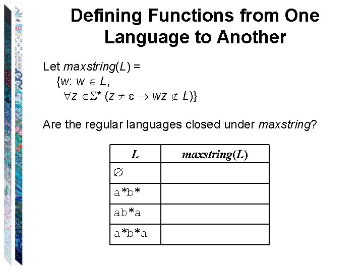 Defining Functions from One Language to Another Let maxstring(L) = {w: w L, z