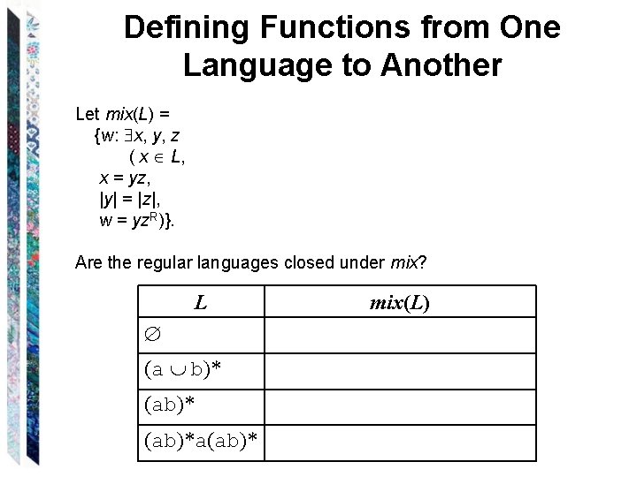 Defining Functions from One Language to Another Let mix(L) = {w: x, y, z