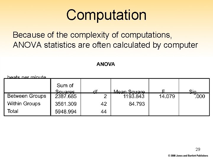 Computation Because of the complexity of computations, ANOVA statistics are often calculated by computer