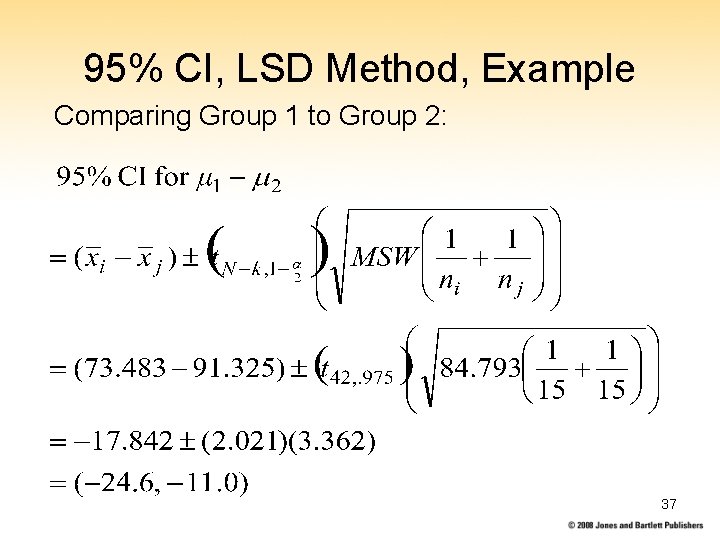 95% CI, LSD Method, Example Comparing Group 1 to Group 2: 37 