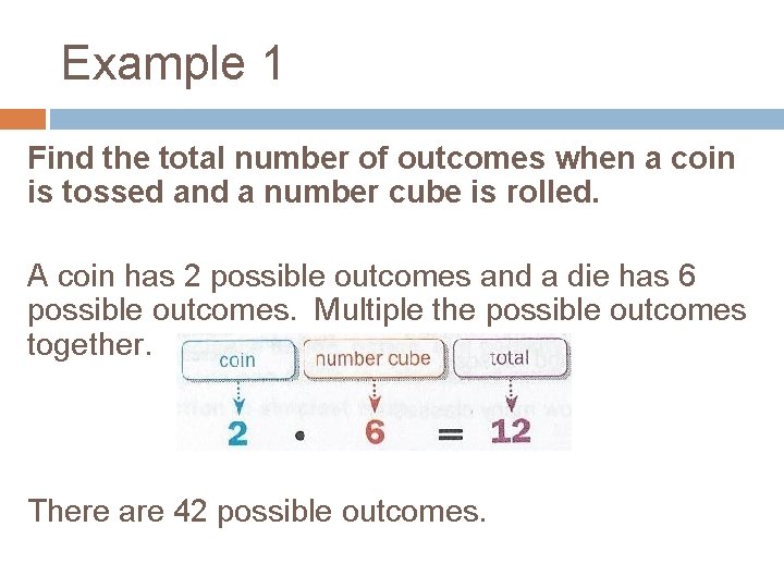 Example 1 Find the total number of outcomes when a coin is tossed and