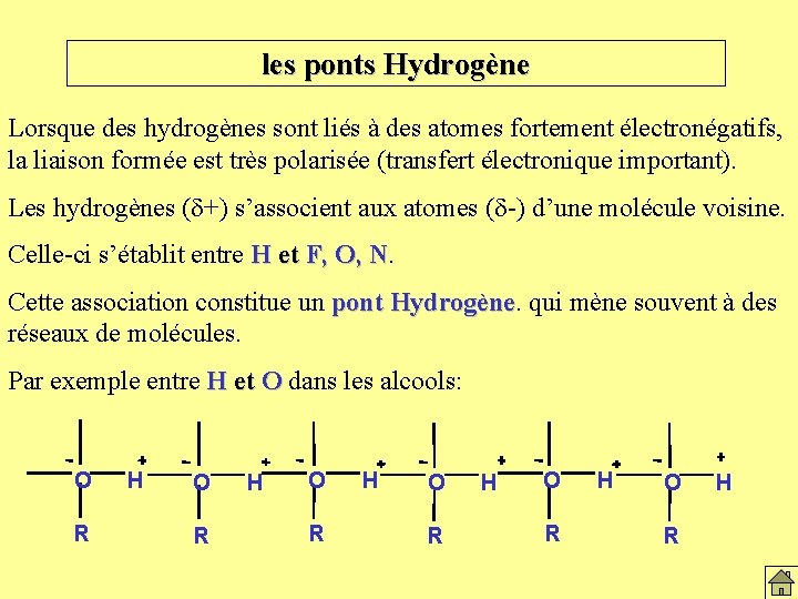 les ponts Hydrogène Lorsque des hydrogènes sont liés à des atomes fortement électronégatifs, la