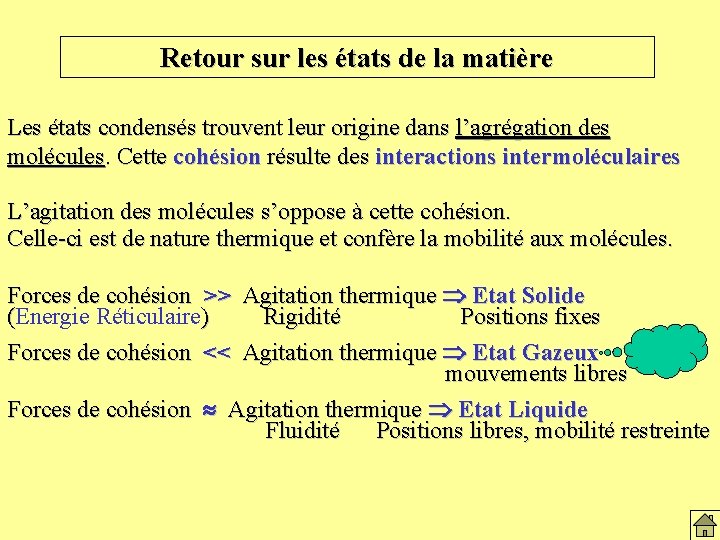 Retour sur les états de la matière Les états condensés trouvent leur origine dans