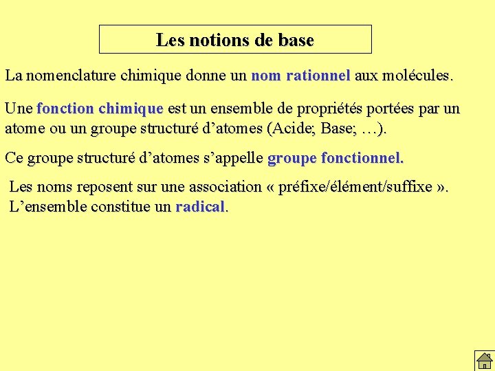 Les notions de base La nomenclature chimique donne un nom rationnel aux molécules. Une